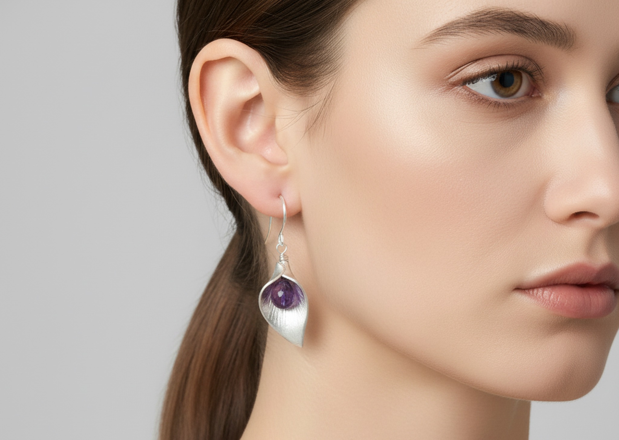 925 Silver Leaf texture matt fnish purpule stone flower earrings for women image 3