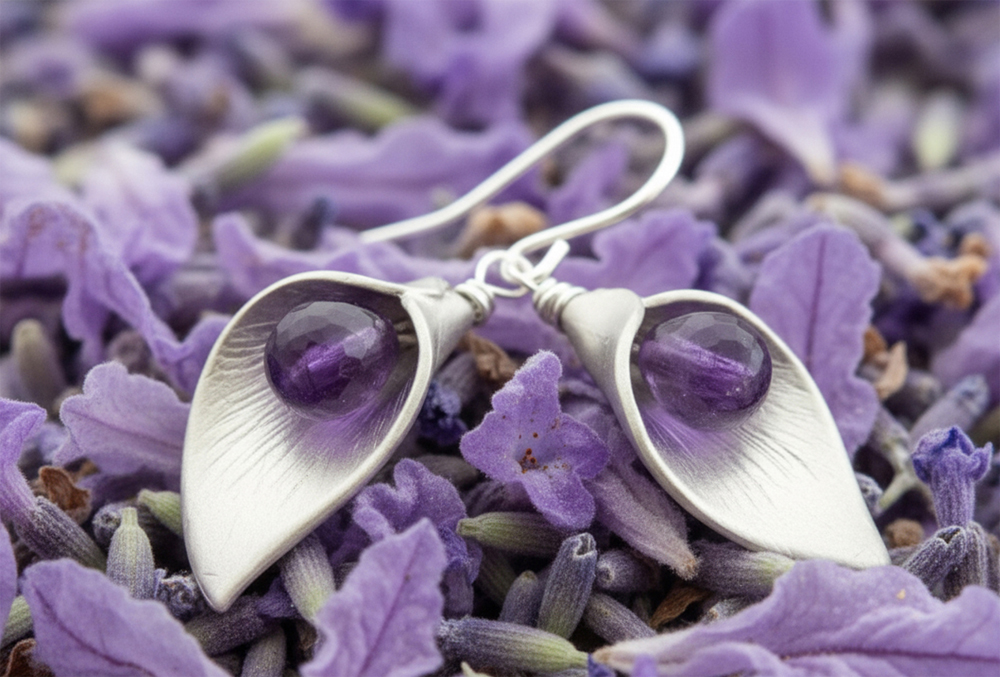 925 Silver Leaf texture matt fnish purpule stone flower earrings for women
