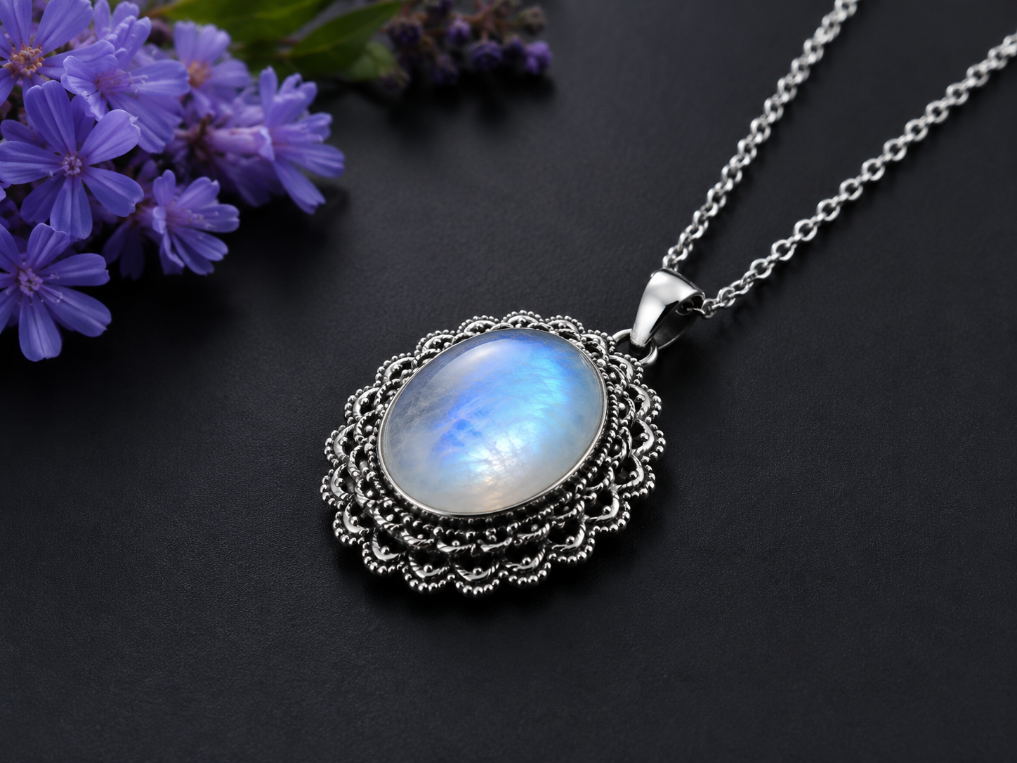 Natural White Rainbow Moonstone 925 Silver Pendant Loop