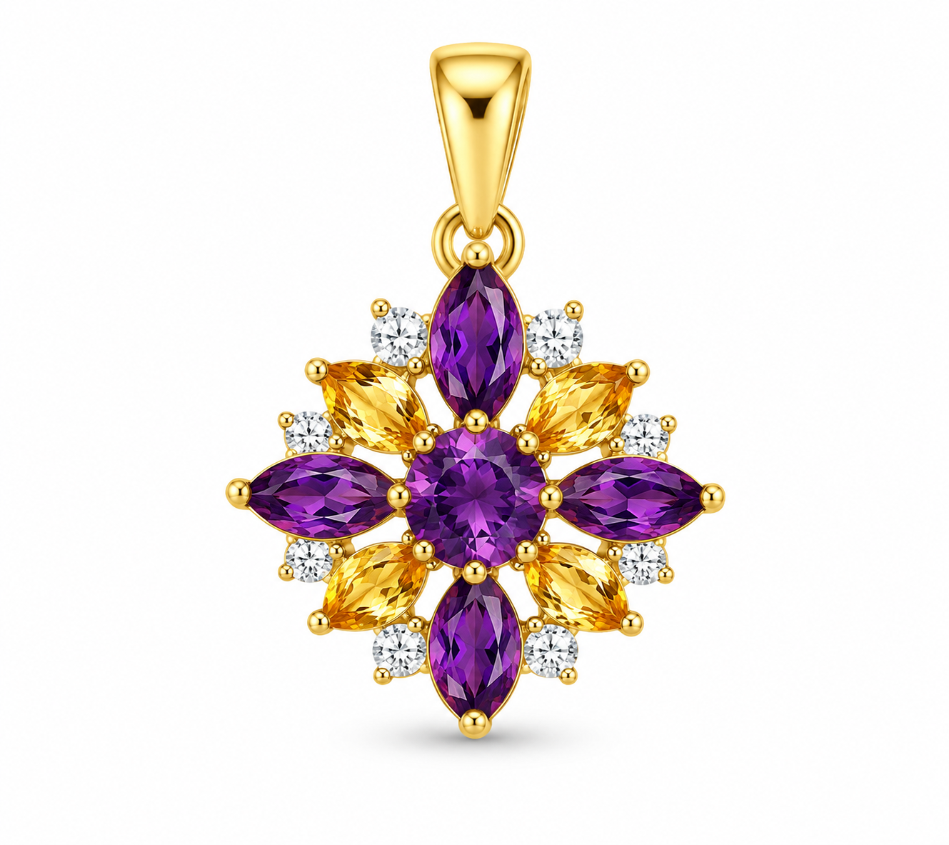 Natural Amethyst & Citrine with Moissanite Gold Pendant Loop