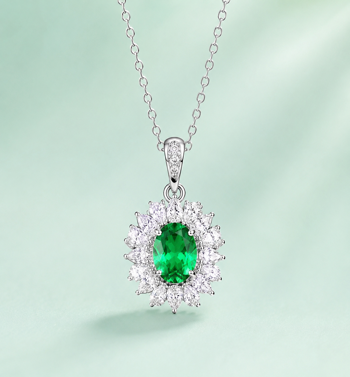 Lab Created Emerald & Moissanite 925 Silver Pendant Loop